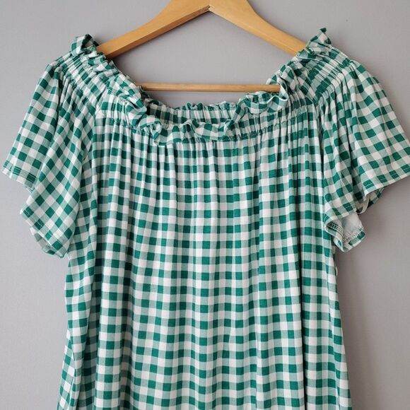 Signature Studio Green White Gingham Off The Shoulder Short Sleeve Top Womens XL - Picture 2 of 8